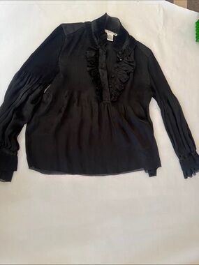 Diane Von Furstenberg Black Ruffled Pleated-Neck Blouse